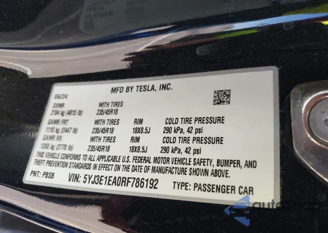 2024 Tesla Model 3 Rear-Wheel Drive из США, поврежденный, VIN 5YJ3E1EA0RF786192